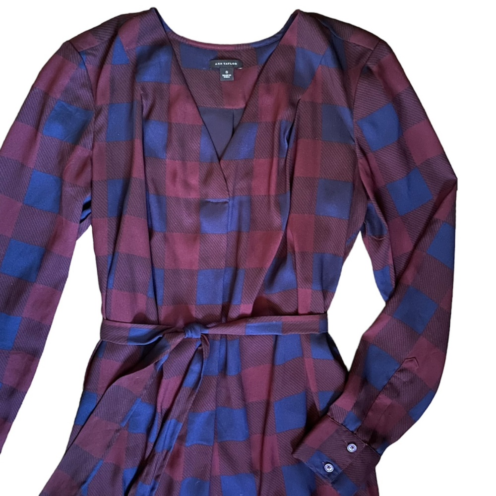 Ann Taylor Shirt Dress Buffalo Plaid Check Belted Maroon and Navy S Small 2-4